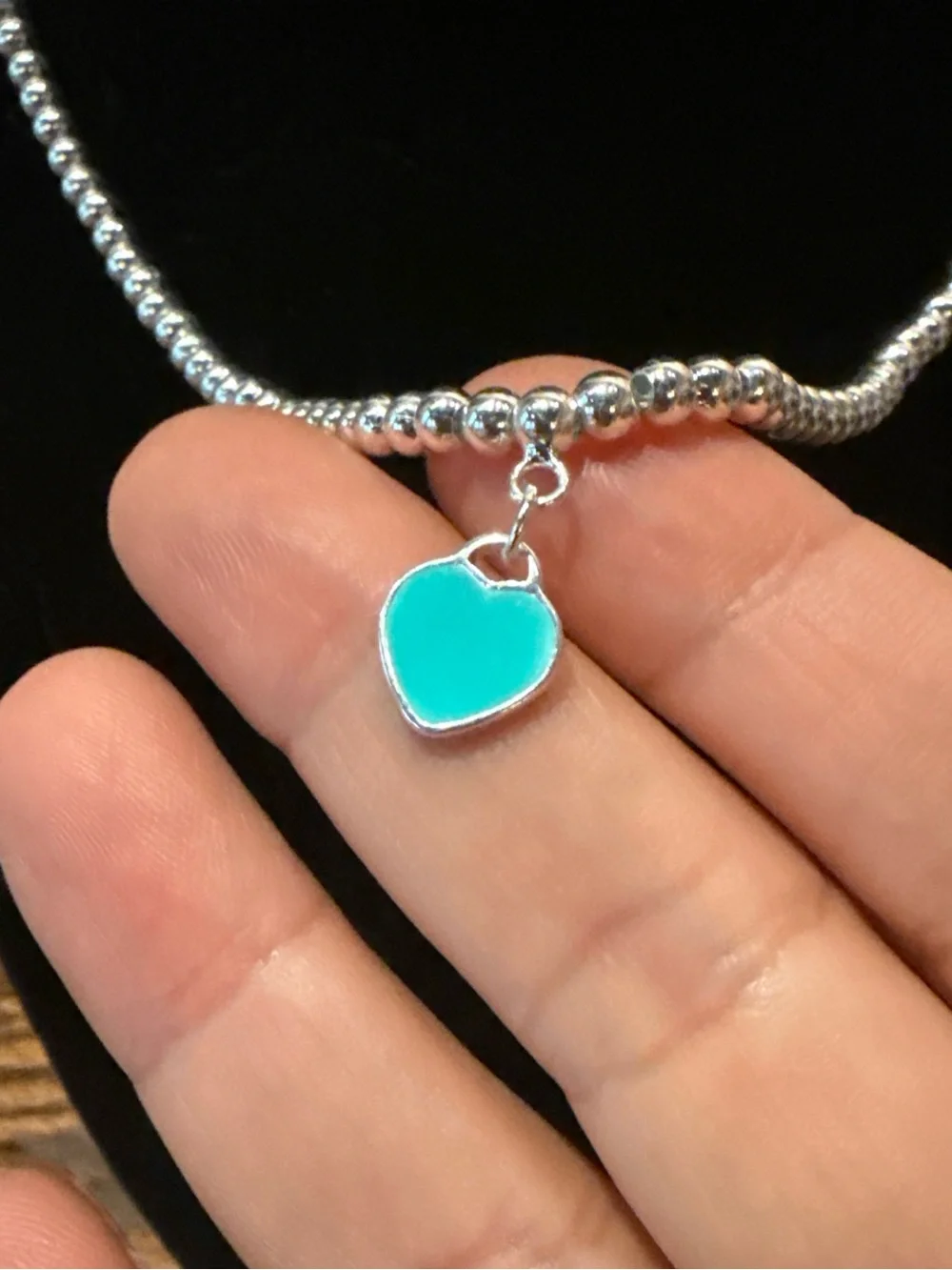 Silver Beaded Necklace with Turquoise Heart Charm